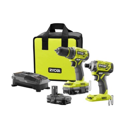  Ryobi 18-Volt ONE+ Lithium-Ion Cordless Brushless Drill/Driver-Impact Driver 2-Tool Kit w/(2) 1.3 Ah Batteries, Charger,