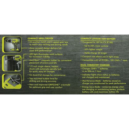  Ryobi P1811 One+ Compact Drill / Driver Kit (5 Piece Bundle: 1x P208 Drill / Driver Power Tool, 2x P102 18 Volt Battery, 1x P118 18 Volt Battery Charger, 1x Lime Green Ryobi Tool B
