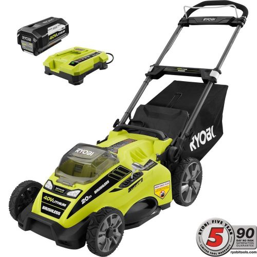  Ryobi 20 in. 40-Volt Brushless Lithium-Ion Cordless Battery Walk Behind Push Lawn Mower 5.0 Ah Battery and Charger Included