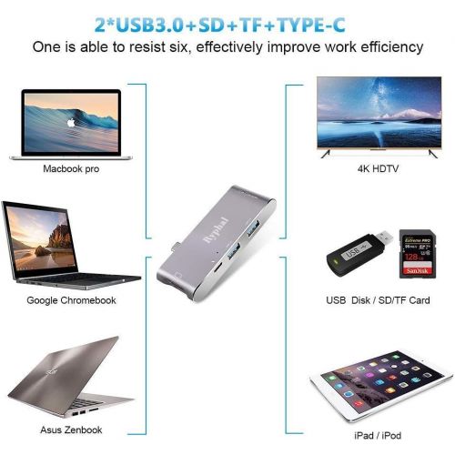  USB C Hub Ryphal MacBook Adapter 6-in-1 Type-C 3.1 USB C Adapter with 2 USB-C 3.0 Ports,SDTF Card Reader,HDMI Port&PD Charging Port for MacBook Pro, etc (Space Grey)