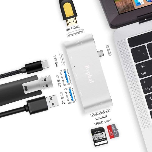  USB C Hub Ryphal MacBook Adapter 6-in-1 Type-C 3.1 USB C Adapter with 2 USB-C 3.0 Ports,SDTF Card Reader,HDMI Port&PD Charging Port for MacBook Pro, etc (Space Grey)
