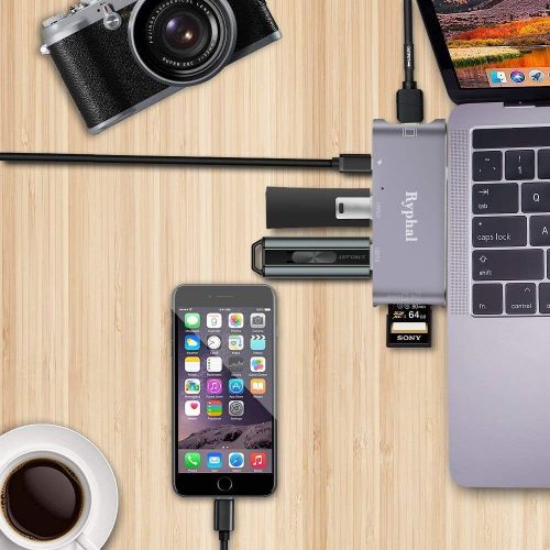  USB C Hub Ryphal MacBook Adapter 6-in-1 Type-C 3.1 USB C Adapter with 2 USB-C 3.0 Ports,SDTF Card Reader,HDMI Port&PD Charging Port for MacBook Pro, etc (Space Grey)