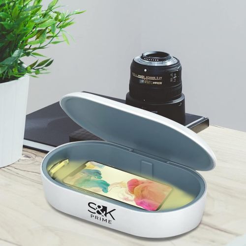  S&K Prime Smart Cell Phone Sanitizer Box, Wireless Phone Charger Device, Cleaning Box with UV Light and Aromatherapy Diffuser, Portable Smartphone, Watch, Toothbrush, Hair Brush and Accessor