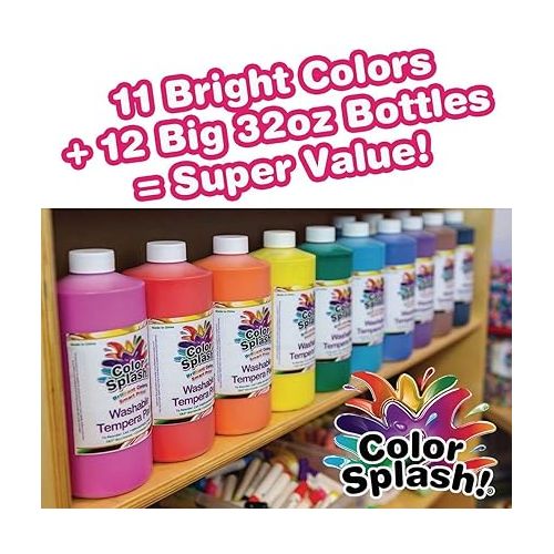  S&S Worldwide Color Splash! Liquid Tempera Bulk Paint, Set of 12 in 11 Bright Colors, 32-oz Easy-Pour Bottles, Great for Arts & Crafts, School, Classroom, Poster Paint, For Kids & Adults, Non-Toxic.