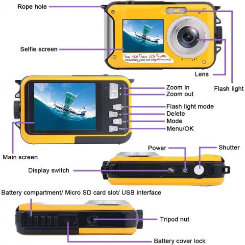  [아마존베스트]S & P Safe and Perfect Underwater Camera Full HD 2.7K 48MP Waterproof Camera for Snorkeling Dual Screen Waterproof Camera Digital with Self-Timer and 16X Digital Zoom (Yellow)