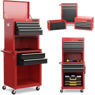 S AFSTAR 6-Drawer Rolling Tool Chest, High Capacity Tool Storage Cabinet with 4 Hooks, Locking System and Universal Wheels, 3-in-1 Detachable Toolbox for Garage, Workshop, Black and Red