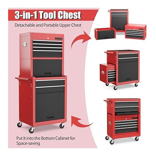  S AFSTAR 6-Drawer Rolling Tool Chest, High Capacity Tool Storage Cabinet with 4 Hooks, Locking System and Universal Wheels, 3-in-1 Detachable Toolbox for Garage, Workshop, Black and Red