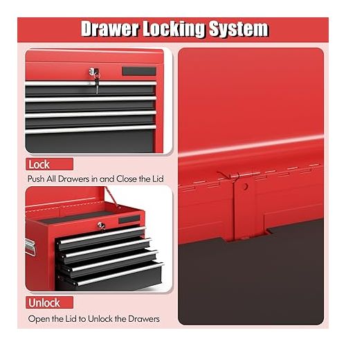  S AFSTAR 6-Drawer Rolling Tool Chest, High Capacity Tool Storage Cabinet with 4 Hooks, Locking System and Universal Wheels, 3-in-1 Detachable Toolbox for Garage, Workshop, Black and Red