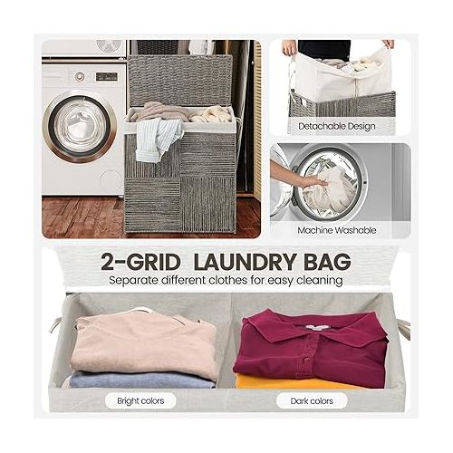  S AFSTAR Laundry Hamper with Lid, 29 Gallon Rattan Laundry Basket W/2-Grid Laundry Bag, Dirty Clothes Hamper, Hand-woven Rattan Collapsible Clothes Hamper for Laundry Bedroom Bathroom Apartment (1)