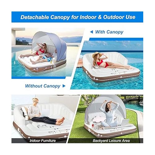  S AFSTAR 2-3 Person Inflatable Pool Float, 71”x71” Giant Inflatable Island Bed with UPF50 Retractable Canopy & Built-in Cup Holder, Load 440LBS, Blow-up Floating Lounge Island for Pool Lake Beach