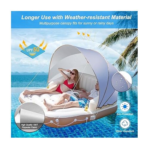  S AFSTAR 2-3 Person Inflatable Pool Float, 71”x71” Giant Inflatable Island Bed with UPF50 Retractable Canopy & Built-in Cup Holder, Load 440LBS, Blow-up Floating Lounge Island for Pool Lake Beach