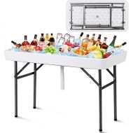 S AFSTAR 4 Foot Folding Ice Cooler Table with Drain, Portable Cooler Table Outdoor with Removable Matching Skirt, Cold Food Table for Drinks Beverages, Foldable Ice Bin Table for Party BBQ Wedding