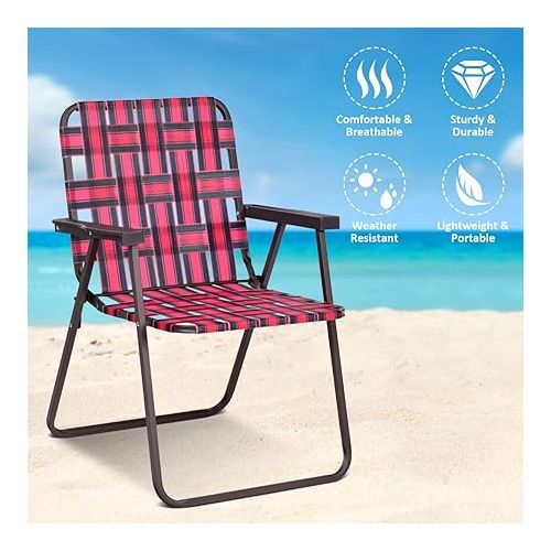  S AFSTAR Beach Chair Set of 6, Portable Folding Chairs with Stable Steel Frame & Comfort Armrest, Load Bearing Up to 265 LBS, Lightweight Lawn Chairs, 6 PCS Camping Chairs for Outside Outdoor (Red)