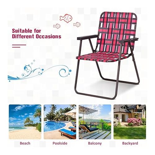  S AFSTAR Beach Chair Set of 6, Portable Folding Chairs with Stable Steel Frame & Comfort Armrest, Load Bearing Up to 265 LBS, Lightweight Lawn Chairs, 6 PCS Camping Chairs for Outside Outdoor (Red)