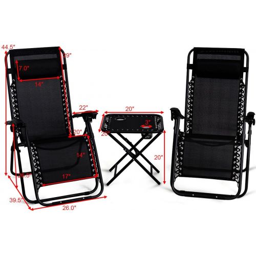  S AFSTAR Folding Zero Gravity Lounge Chair Set, 3 PCS Outdoor Recliners w/Removable Headrest and Portable Table for Balcony Patio Poolside (Black)