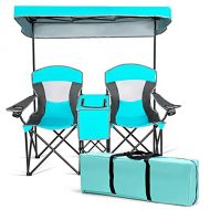 Safstar Double Camping Chair w/Shade Canopy, 2-Person Folding Camp and Beach Chair with Mini Table Beverage Cup Holder Carrying Bag for Garden Patio Pool Beach, Turquoise