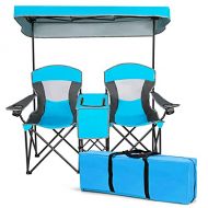 Safstar Double Camping Chair w/Shade Canopy, 2-Person Folding Camp and Beach Chair with Mini Table Beverage Cup Holder Carrying Bag for Garden Patio Pool Beach, Blue