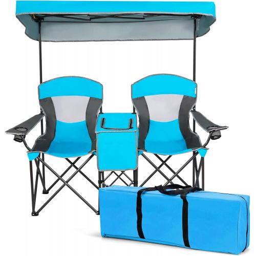  Safstar Double Camping Chair w/Shade Canopy, 2-Person Folding Camp and Beach Chair with Mini Table Beverage Cup Holder Carrying Bag for Garden Patio Pool Beach, Blue