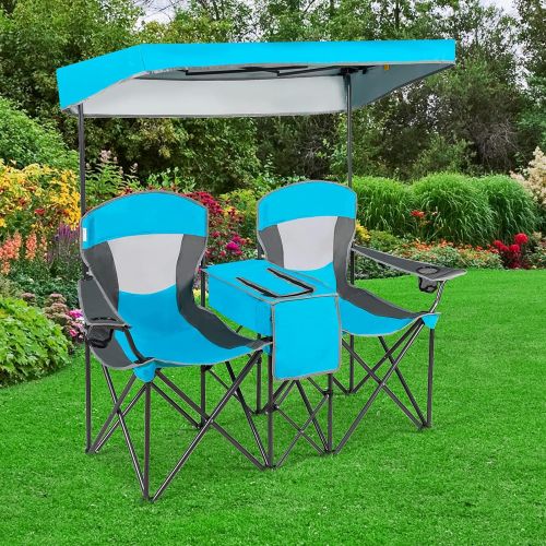  Safstar Double Camping Chair w/Shade Canopy, 2-Person Folding Camp and Beach Chair with Mini Table Beverage Cup Holder Carrying Bag for Garden Patio Pool Beach, Blue