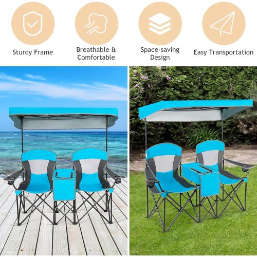  Safstar Double Camping Chair w/Shade Canopy, 2-Person Folding Camp and Beach Chair with Mini Table Beverage Cup Holder Carrying Bag for Garden Patio Pool Beach, Blue