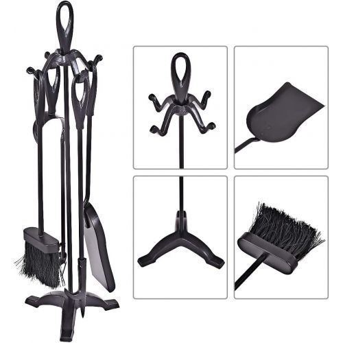  S AFSTAR Safstar 5-Piece Fireplace Tool Set, 25.5 Heavy Duty Wrought Iron Fire Place Toolset w/Base, Brush, Shovel, Tong and Fireplace Poker, Hearth Tool (Black)