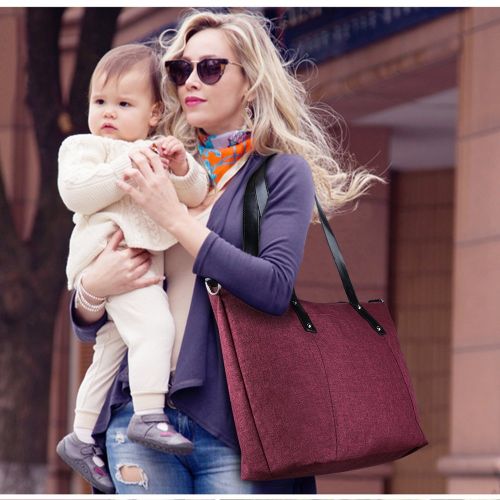  S-ZONE Large Baby Diaper Tote Bag with Changing Pad and Stroller Straps - Designer Fashion Ladies Handbag (Wine Red)