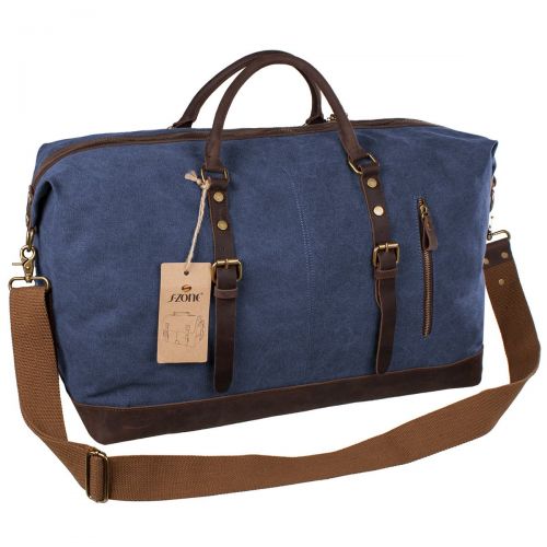  S-ZONE Oversized Canvas Genuine Leather Trim Travel Tote Duffel Shoulder Weekend Bag Weekender Overnight Carryon Handbag