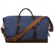 S-ZONE Oversized Canvas Genuine Leather Trim Travel Tote Duffel Shoulder Weekend Bag Weekender Overnight Carryon Handbag