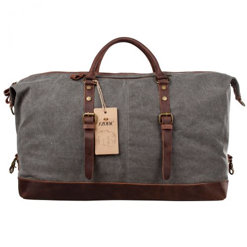  S-ZONE Oversized Canvas Genuine Leather Trim Travel Tote Duffel Shoulder Weekend Bag Weekender Overnight Carryon Handbag