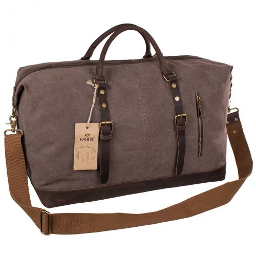  S-ZONE Oversized Canvas Genuine Leather Trim Travel Tote Duffel Shoulder Weekend Bag Weekender Overnight Carryon Handbag