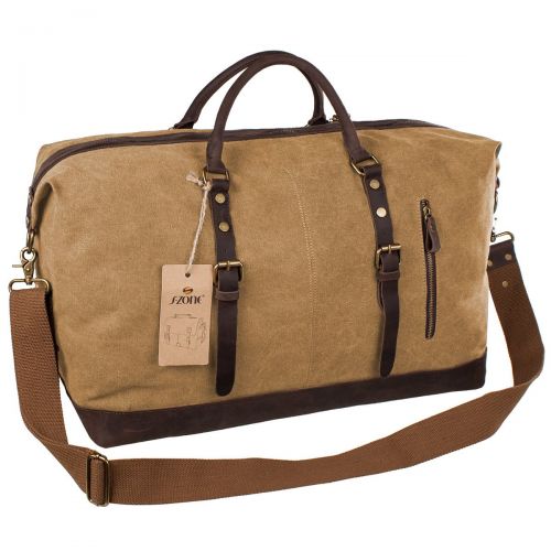  S-ZONE Oversized Canvas Genuine Leather Trim Travel Tote Duffel Shoulder Weekend Bag Weekender Overnight Carryon Handbag