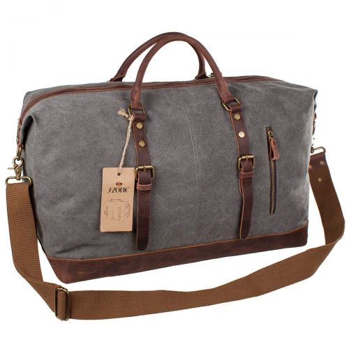  S-ZONE Oversized Canvas Genuine Leather Trim Travel Tote Duffel Shoulder Weekend Bag Weekender Overnight Carryon Hand Bag