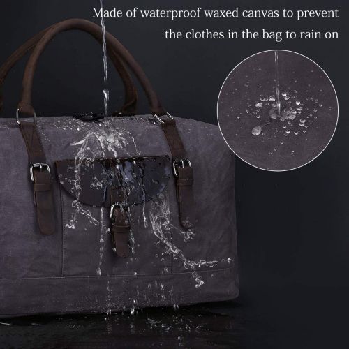  S-ZONE Oversized Travel Duffel Tote Bag Waterproof Waxed Canvas Genuine Leather Weekend Bag Carryon Overnight Weekender Handbag (Khaki)