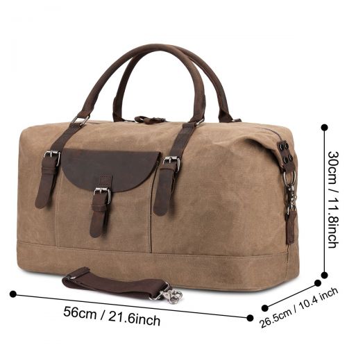  S-ZONE Oversized Travel Duffel Tote Bag Waterproof Waxed Canvas Genuine Leather Weekend Bag Carryon Overnight Weekender Handbag (Khaki)