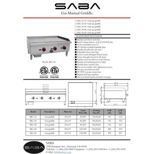  SABA Heavy Duty Commercial Stainless Steel 36 Gas Griddle