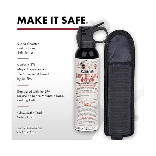  SABRE Frontiersman MAX 9.2 fl oz. Bear & Mountain Lion Attack Deterrent, Up to 40 ft Range, Contains 2% Major Capsaicinoids, Safer for You, Animals & The Environment, Glow-in-The-Dark Safety