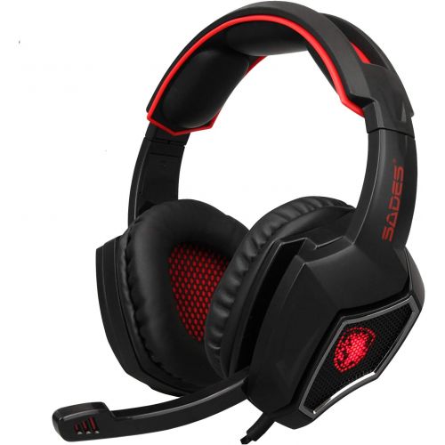  Sades SPIRITWOLF 3.5mm Version PC Over-Ear Stereo Gaming Headset Headband Headphones with Mic, Noise Reduction, Volume Control, LED Light for Computer Gamers(Black Red)