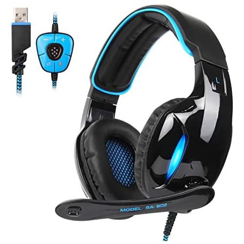  SADES Newest SA902 7.1 Channel Virtual Surround Sound USB Gaming Headset Over-ear Headphones with Noise Isolating Mic LED Light for PC Mac Computer Gamers(Black Blue)