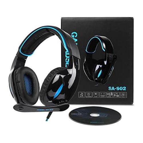  SADES Newest SA902 7.1 Channel Virtual Surround Sound USB Gaming Headset Over-ear Headphones with Noise Isolating Mic LED Light for PC Mac Computer Gamers(Black Blue)