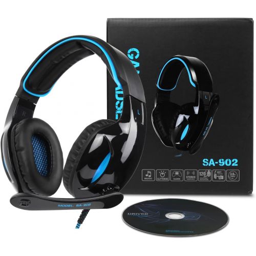  SADES Newest SA902 7.1 Channel Virtual Surround Sound USB Gaming Headset Over-ear Headphones with Noise Isolating Mic LED Light for PC Mac Computer Gamers(Black Blue)