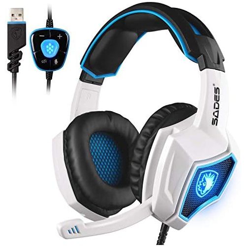  SADES Spirit Wolf 7.1 Surround Stereo Sound USB Computer Gaming Headset with Microphone,Over-the-Ear Noise Isolating,Breathing LED Light For PC Gamers (Black White)