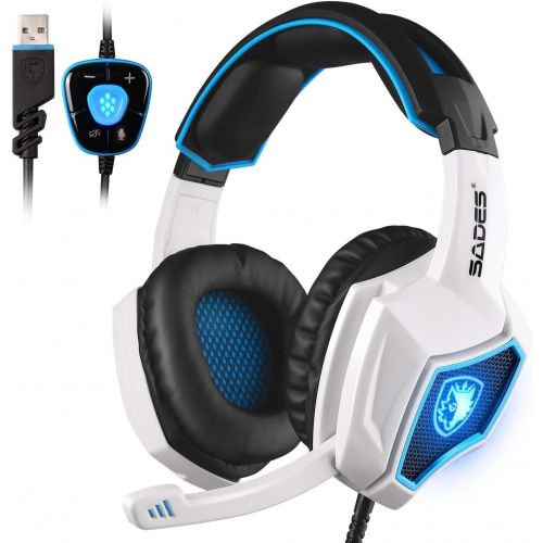  SADES Spirit Wolf 7.1 Surround Stereo Sound USB Computer Gaming Headset with Microphone,Over-the-Ear Noise Isolating,Breathing LED Light For PC Gamers (Black White)