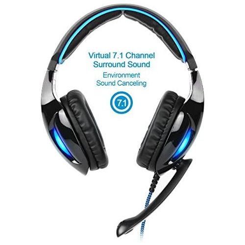  [아마존베스트]SADES Newest SA902 7.1 Channel Virtual Surround Sound USB Gaming Headset Over-ear Headphones with Noise Isolating Mic LED Light for PC Mac Computer Gamers(Black Blue)