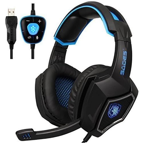  [아마존베스트]SADES PC Gaming Headphones, Spirit Wolf 7.1 Surround Sound Stereo Headband Headphones with Microphone, Professional PC USB Gaming Headsets for Gamers (White/Blue)