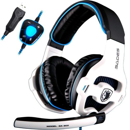  [Newly Updated Version] SADES SA903 USB 7.1 Surround Sound Stereo Gaming Headset Over Ear Headphones for PC with Microphone Volume-Control LED Light (White)