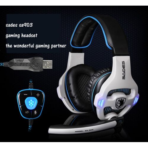  [Newly Updated Version] SADES SA903 USB 7.1 Surround Sound Stereo Gaming Headset Over Ear Headphones for PC with Microphone Volume-Control LED Light (White)