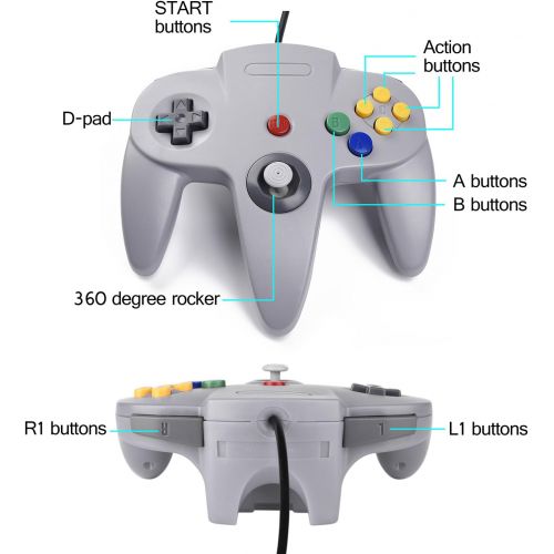  Classic N64 Controller, SAFFUN N64 Wired USB PC Game pad Joystick, N64 Bit USB Wired Game Stick Joy pad Controller for Windows PC MAC Linux Raspberry Pi 3 Sega Genesis Higan (Grey)