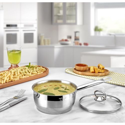  SAFINOX Safinox 1810 Stainless Steel Tri-Ply Thermo Capsulated Bottom 1.5-Quart Sauce Pan with Glass Lid, Induction Ready, Dishwasher Safe