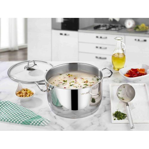  SAFLON Saflon Stainless Steel Tri-Ply Capsulated Bottom 6 Quart Stock Pot with Glass Lid, Induction Ready, Oven and Dishwasher Safe