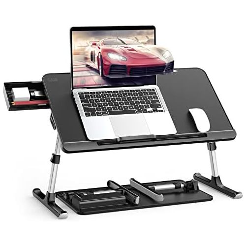  [아마존베스트]Laptop Table Stand Desk, SAIJI Adjustable PVC Leather Laptop Bed Table, Portable Standing Desk with Storage Drawer, Foldable Lap Tablet Desk for Sofa Couch Floor (Large,Black)